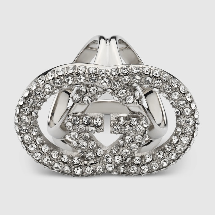 Crystal Interlocking G carré ring in silver-toned | GUCCI® US