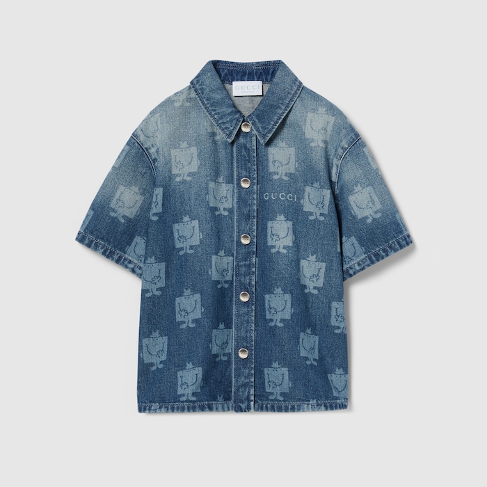 いっこページ Children's printed denim shirt in blue | GUCCI® RO