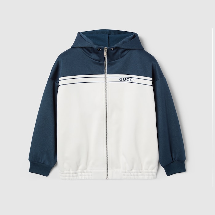 Children's jersey hooded zip jacket in white and dark blue | GUCCI® US