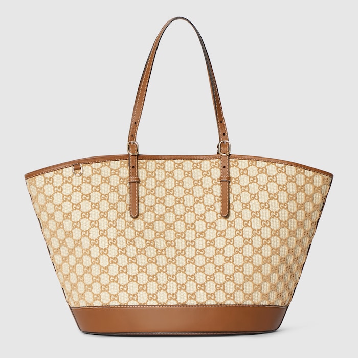 GUCCI ❤︎ トートバッグ　ゴールド　ブラウン Woven large tote bag in natural and brown fabric | GUCCI® US