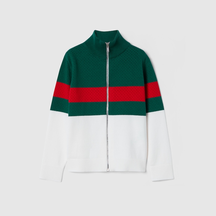Children's cotton zip cardigan in white, green and red | GUCCI® ZA