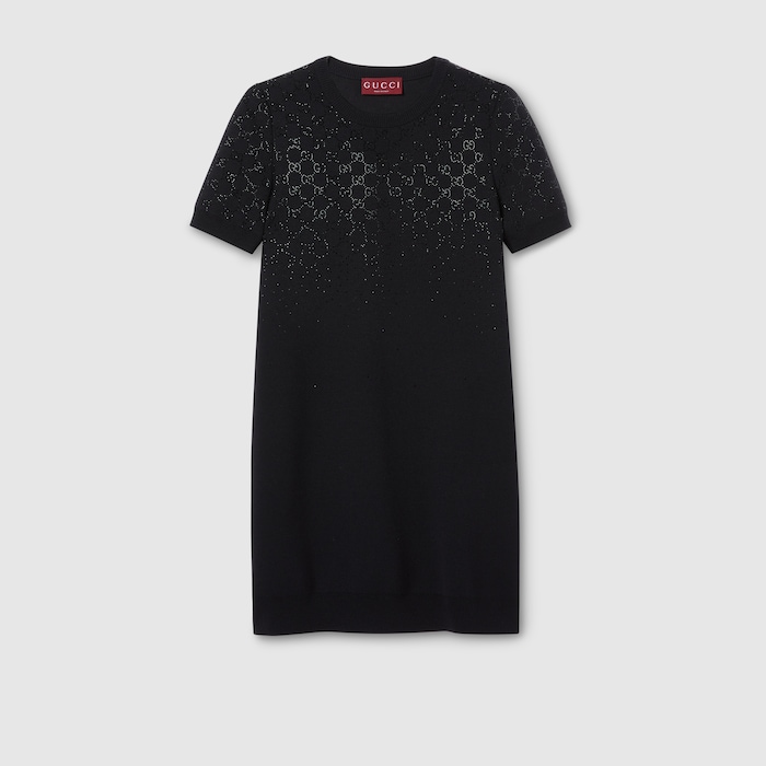 Fine wool dress with GG crystals in black | GUCCI® US