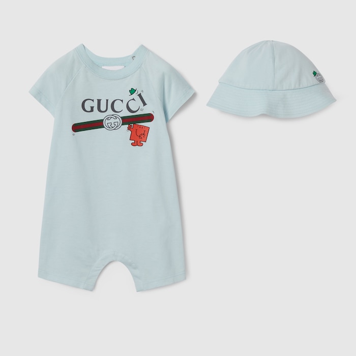 Baby cotton two-piece gift set with print in light blue | GUCCI® US