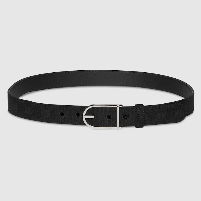 Belt with rounded buckle in black GG canvas | GUCCI® US