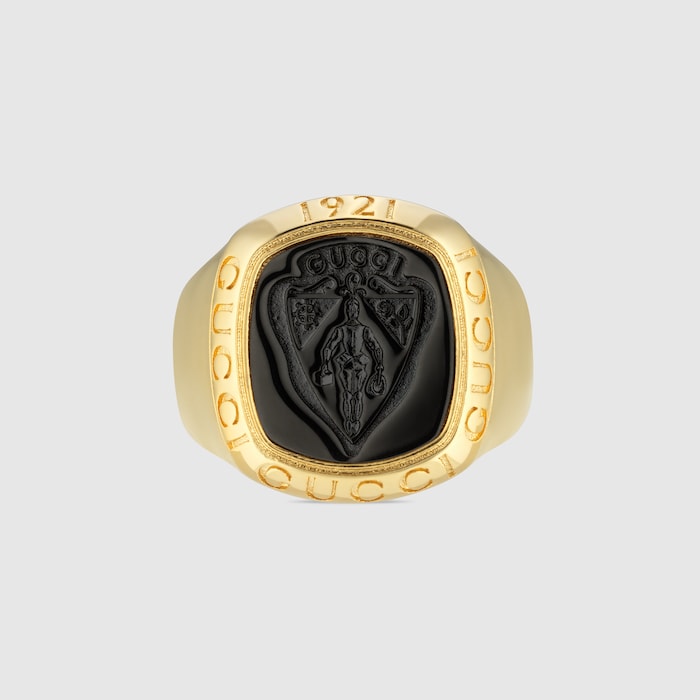 春*月様 GUCCI ストーン付きリング ブラックゴールド　サイズ20 グッチ クレスト〕シグネットリング ・ゴールドトーン ブラス | GUCCI公式