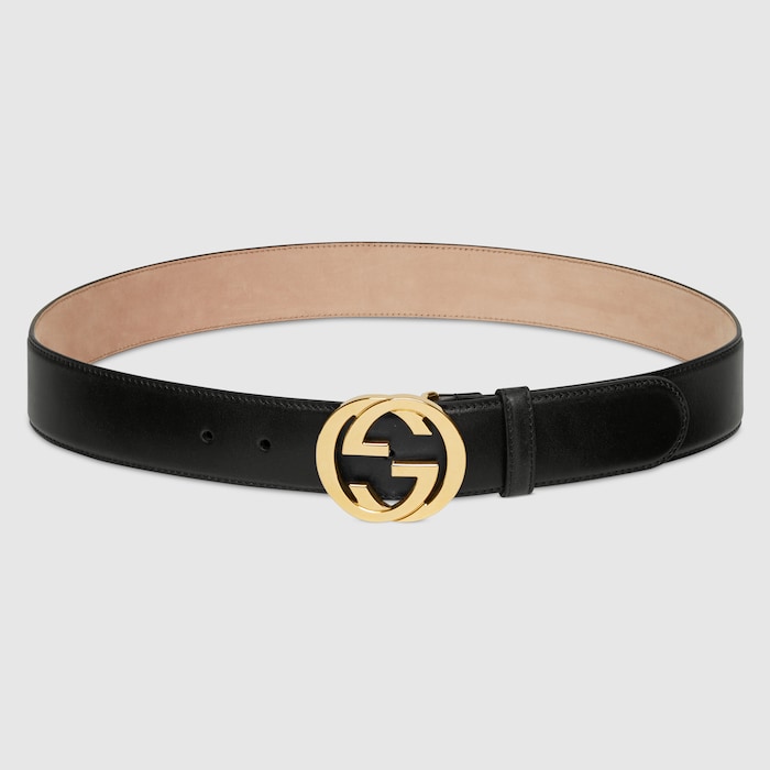 Belt with Interlocking G buckle in black leather | GUCCI® US