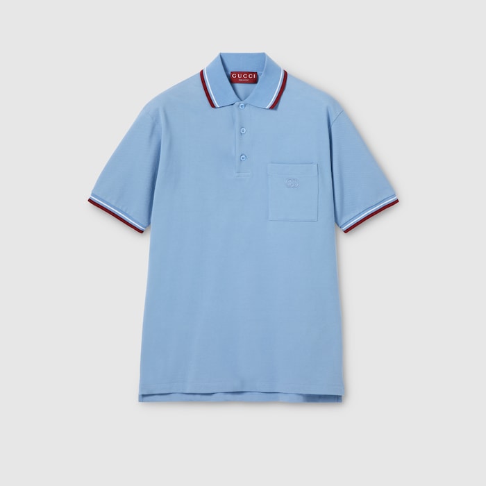 Cotton piquet polo shirt with embroidery in light blue | GUCCI® US
