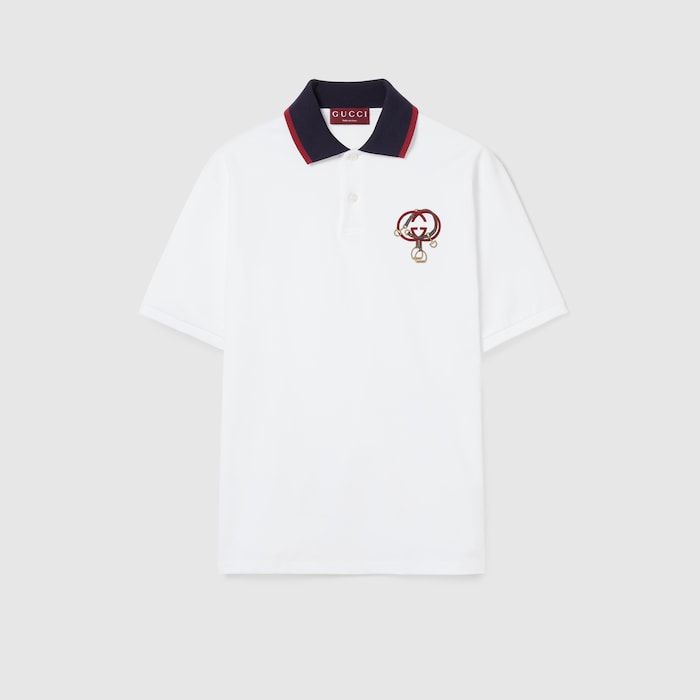 Cotton piquet polo shirt with embroidery in white | GUCCI® US