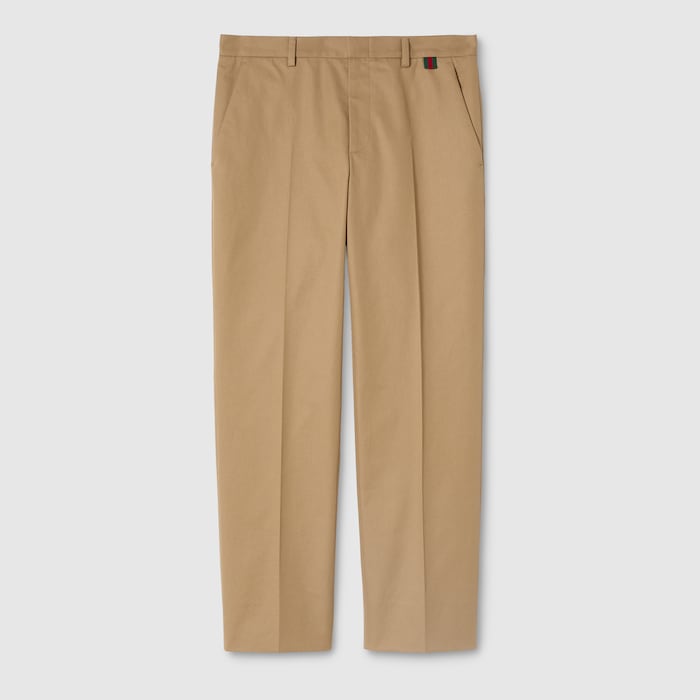 Cotton twill pants with Web detail in beige | GUCCI® US