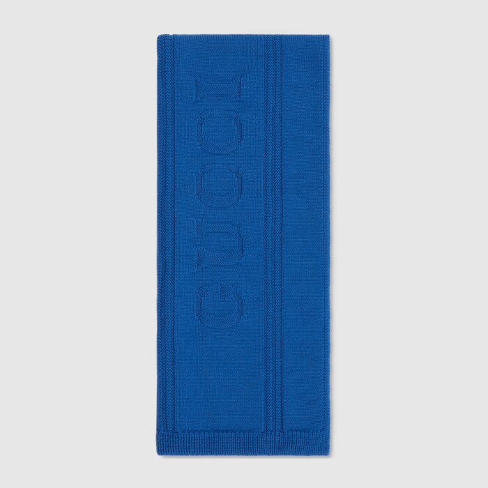 GUCCI ロゴ入り ウールニット スカーフ ・ブルー | GUCCI公式