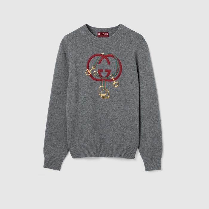 Knit wool sweater with embroidery in dark grey | GUCCI® US Knit wool sweater with embroidery in dark grey | GUCCI® US