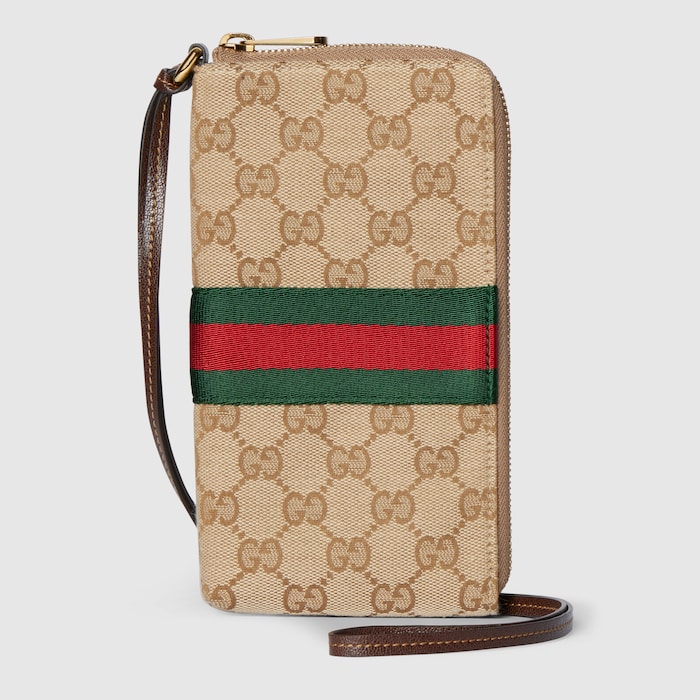 【美品】GUCCI キャンバス セキュリティカード & 携帯ストラップ ストラップ付き GG iPhone ケース ・サンド＆ブラウン GGキャンバス