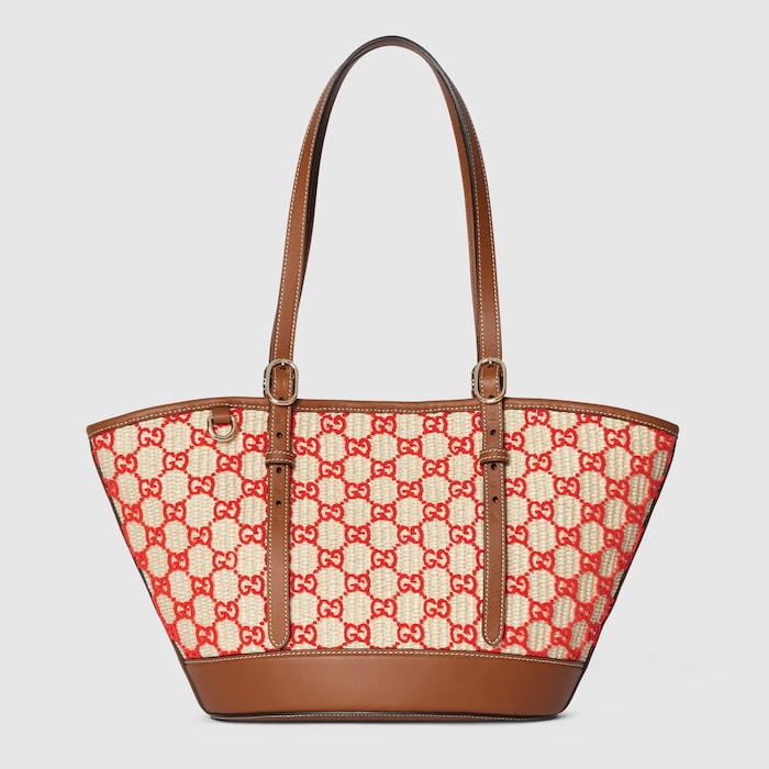 Woven small tote bag in natural and red fabric | GUCCI® US