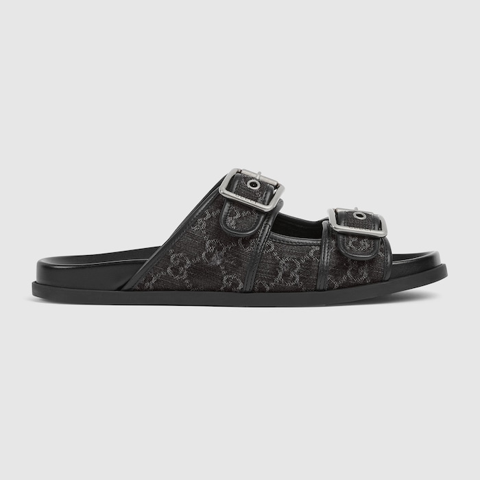 Men's slide sandal with buckles in black GG denim | GUCCI® ZA
