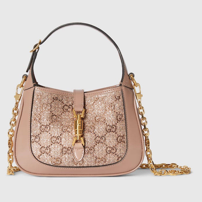 レトロジャッキー Gucci Jackie 1961 crystal mini bag in dusty pink lamé fabric