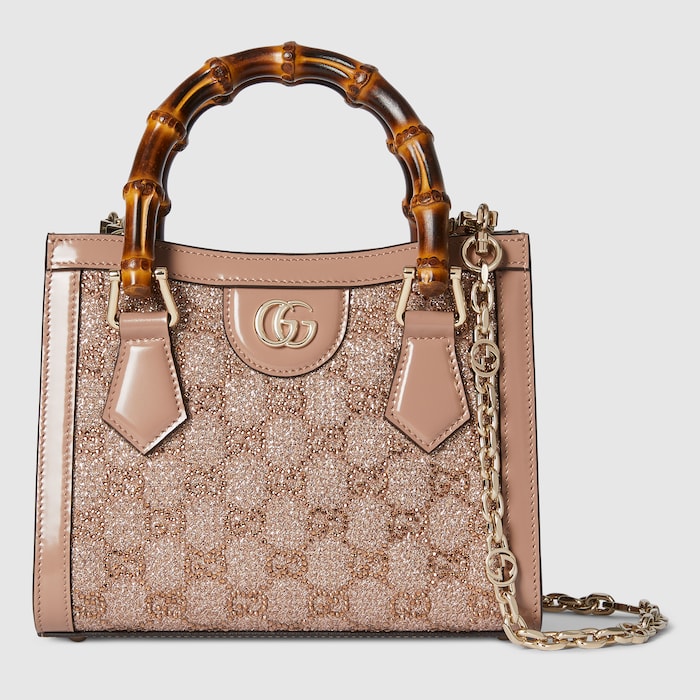 Gucci Diana crystal mini tote bag in dusty pink lamé fabric