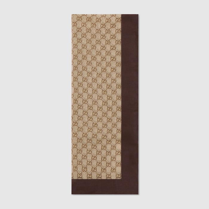 GUCCI ブラウンペイズリー柄スカーフ 70cm 大判 ゴールド ブラウン ペイズリー柄 スカーフ シルク風