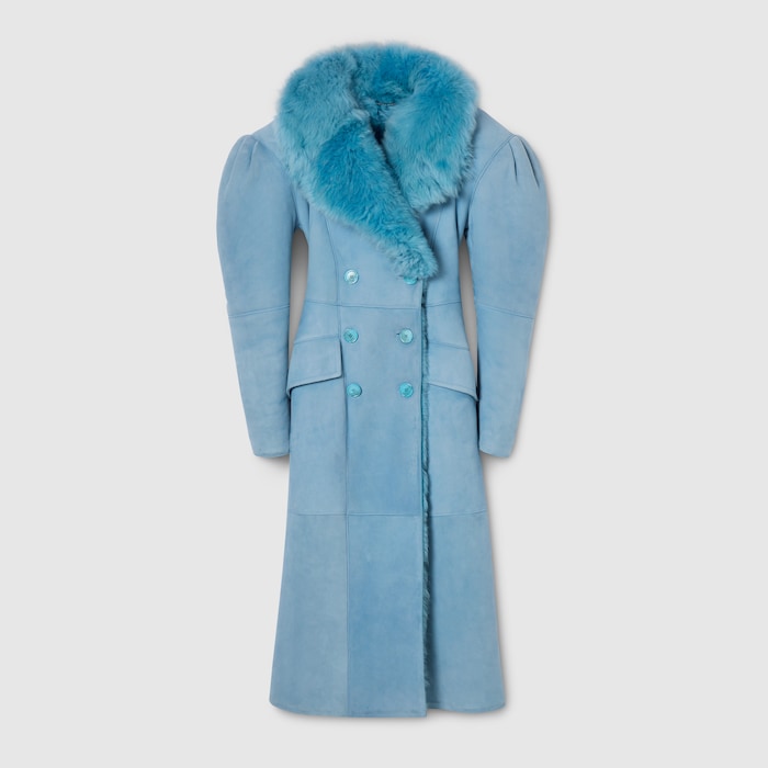 Soft long shearling coat in light blue | GUCCI® US