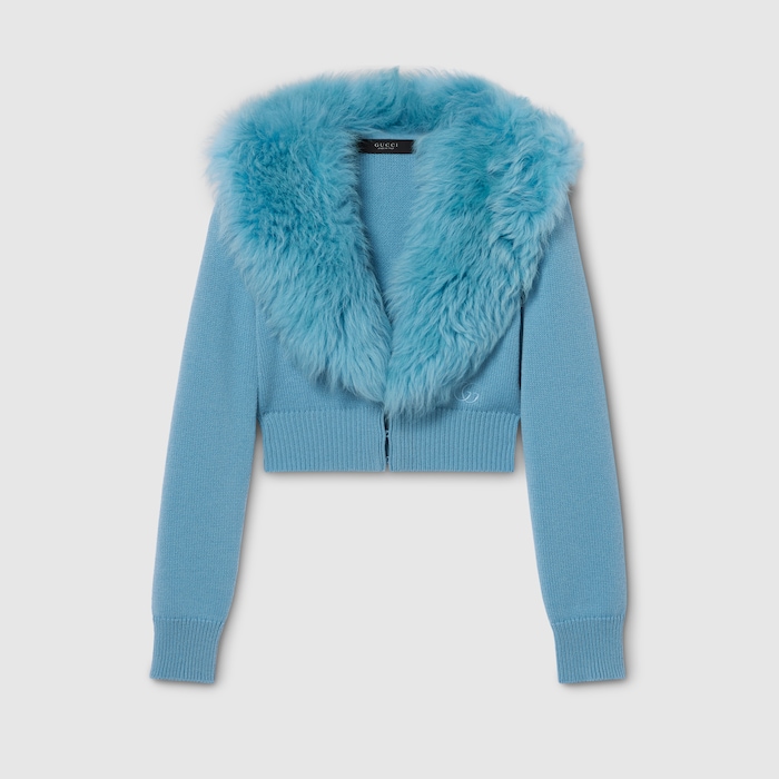Knit wool cashmere cardigan in light blue | GUCCI® US