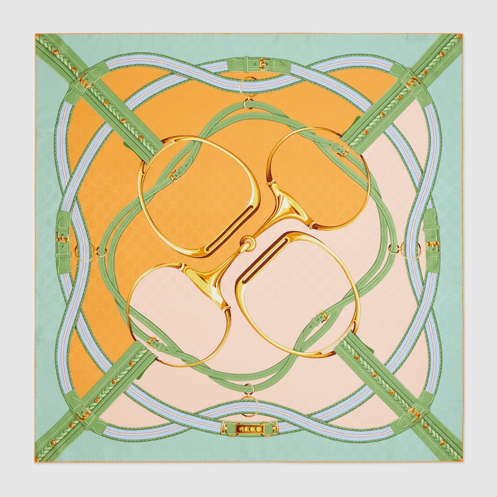 Printed silk jacquard carré in mint green and orange | GUCCI® US
