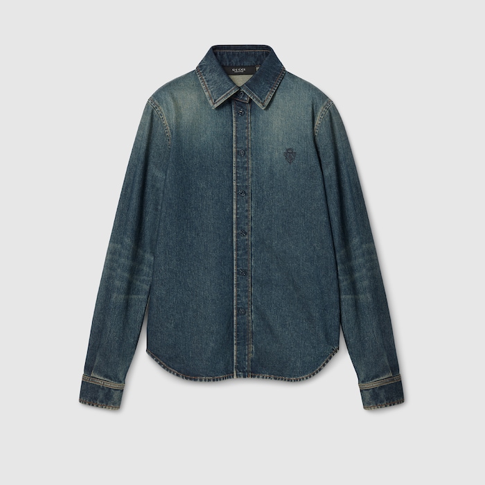 エンブロイダリー付き コットンデニム シャツ ・ブルー | GUCCI公式