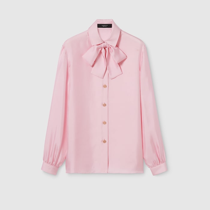 Silk twill shirt with bow in light pink | GUCCI® US