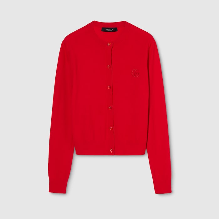 Knit wool cardigan with embroidery in red | GUCCI® ZA