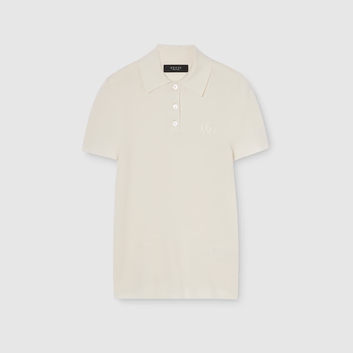 Ab13【新品保管品】GUCCI グッチ 2026 カシミヤシルク ポロニット シェリーライン Cashmere Silk Polo Knit XSサイズ ブルー レディース 女性用ta1 Cashmere silk polo shirt with embroidery in white | GUCCI® US