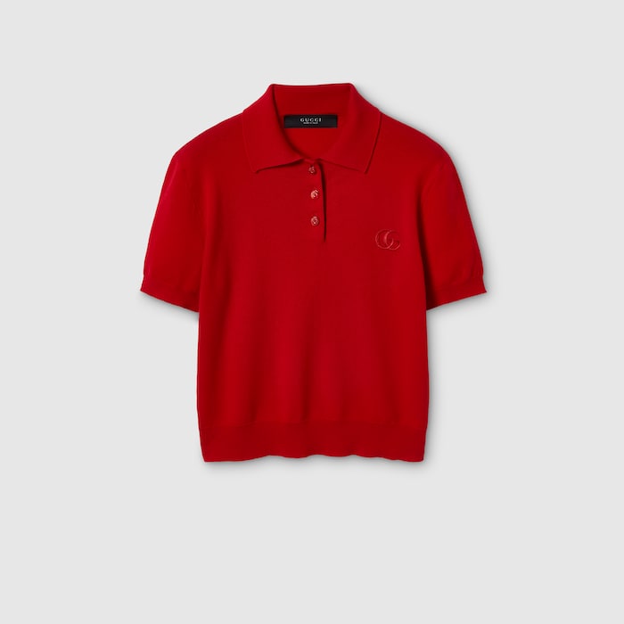 GUCCI ポロニット Knit wool polo shirt with embroidery in red | GUCCI® US