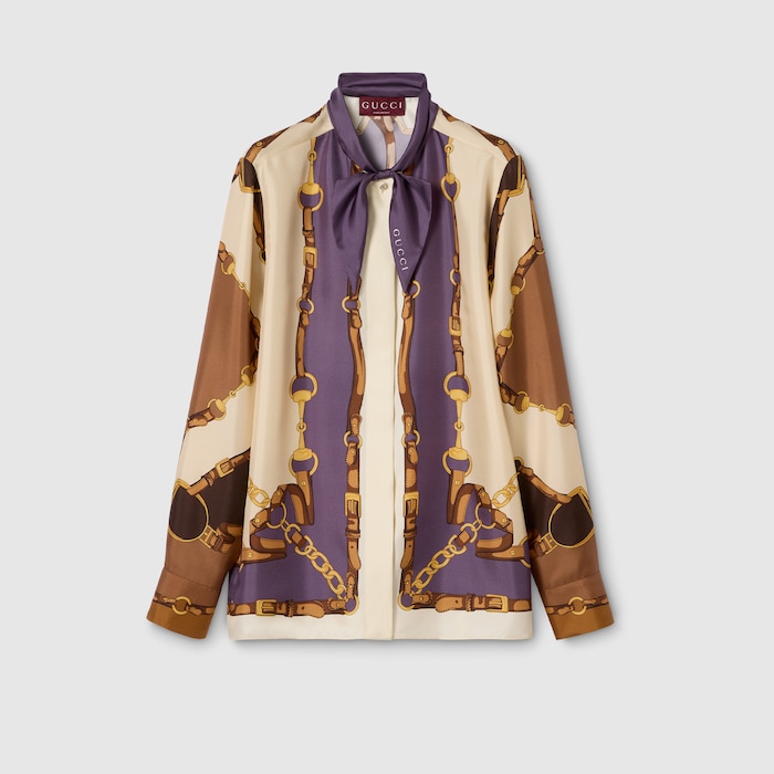 Printed silk till shirt in brown | GUCCI® US