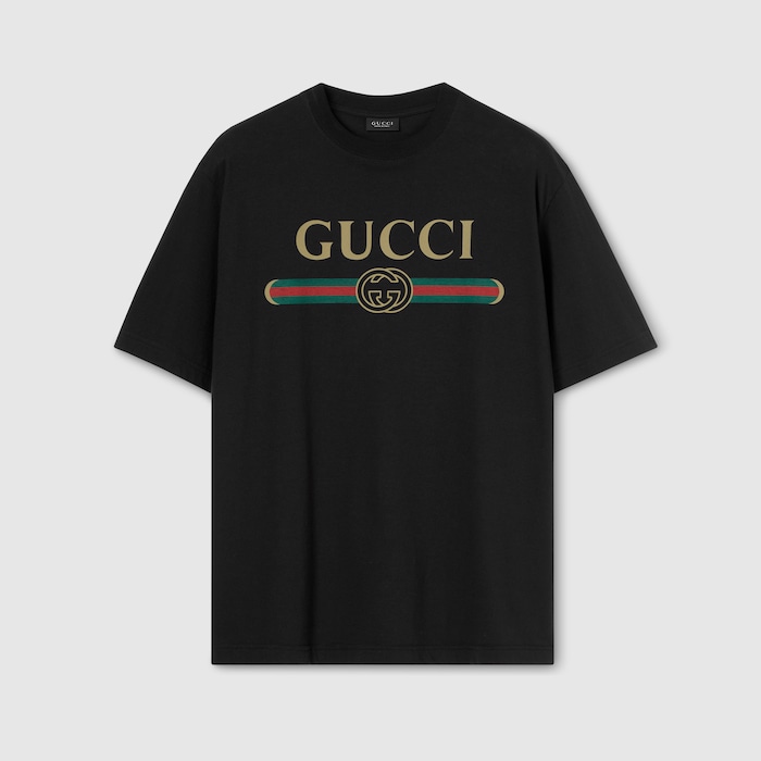 Silk blend jersey T-shirt with print in black | GUCCI® CA