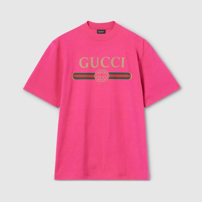 Gucci Tシャツ Silk blend jersey T-shirt with print in fuchsia | GUCCI® RO