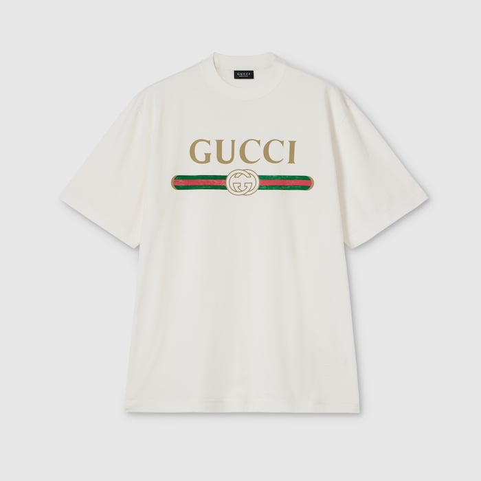 Silk blend jersey T-shirt with print in off white | GUCCI® US