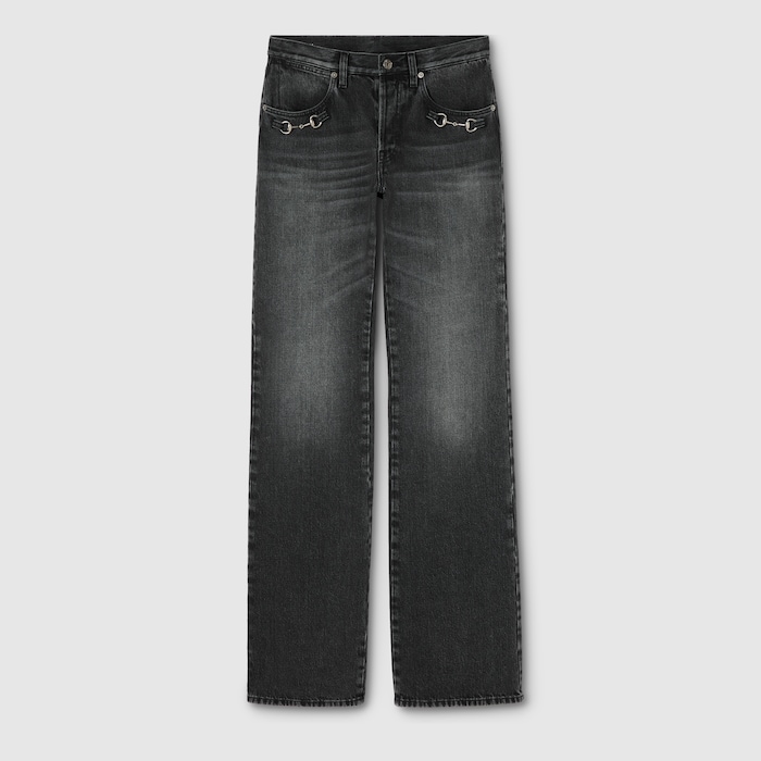 Cotton denim pants with Horsebit in dark grey | GUCCI® US