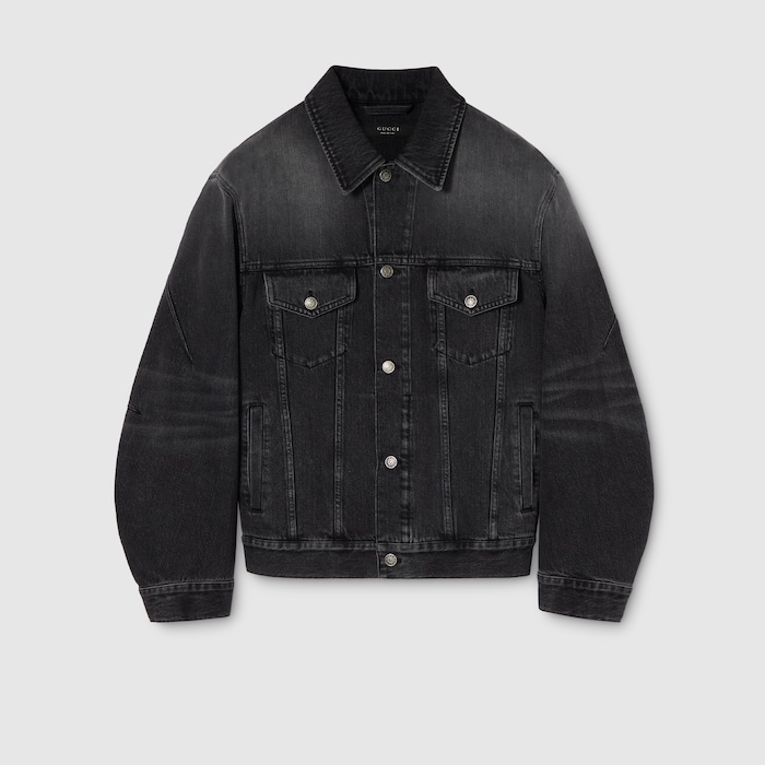 Washed certified cotton denim jacket in dark grey | GUCCI® US
