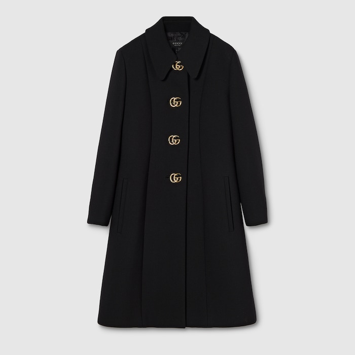 Wool natté coat with Double G button in black | GUCCI® US