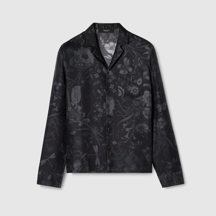 Printed silk twill bowling shirt in black and grey | GUCCI® US