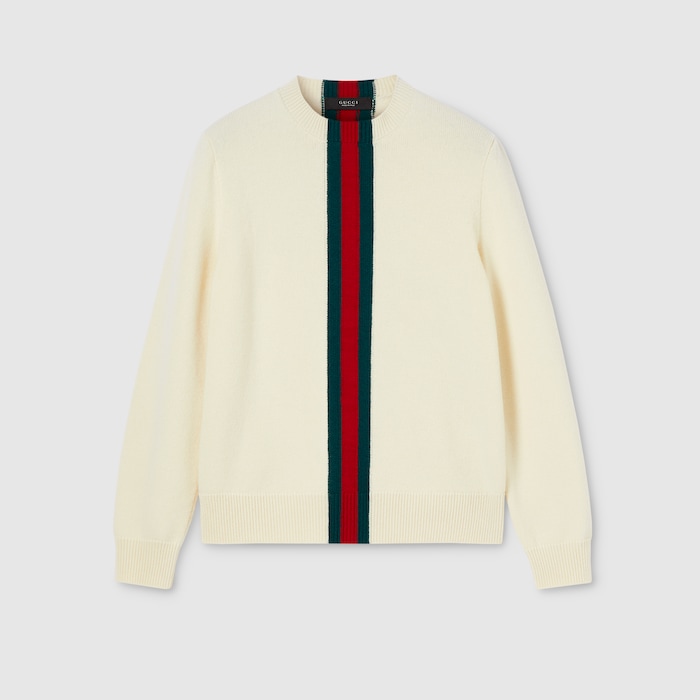 Knit wool sweater with Web intarsia in ivory | GUCCI® ZA