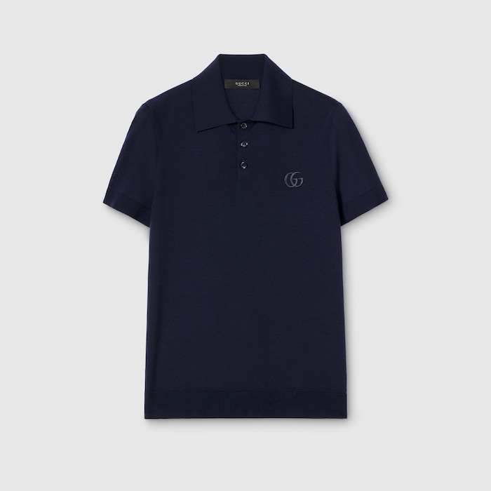 Knit wool polo shirt with embroidery in dark blue | GUCCI® US