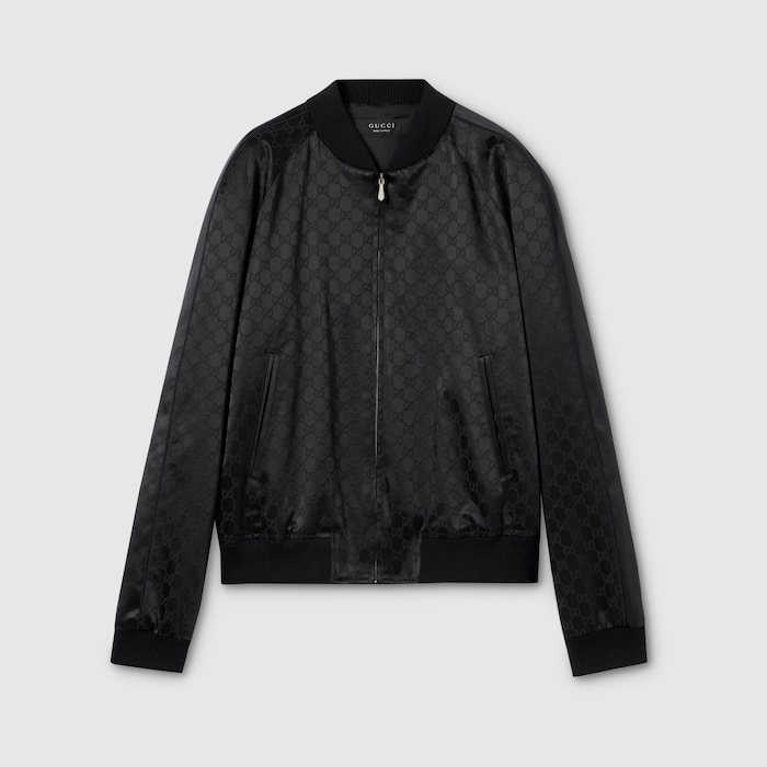 GG cotton satin zip jacket with piping in black | GUCCI® US