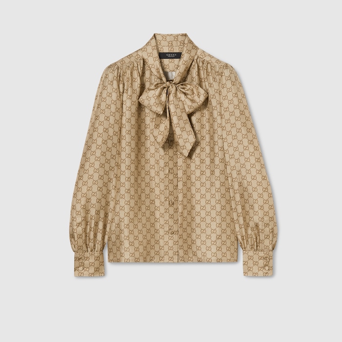 Printed silk twill shirt in sand | GUCCI® US