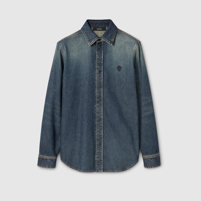 Washed certified cotton denim shirt in blue | GUCCI® US