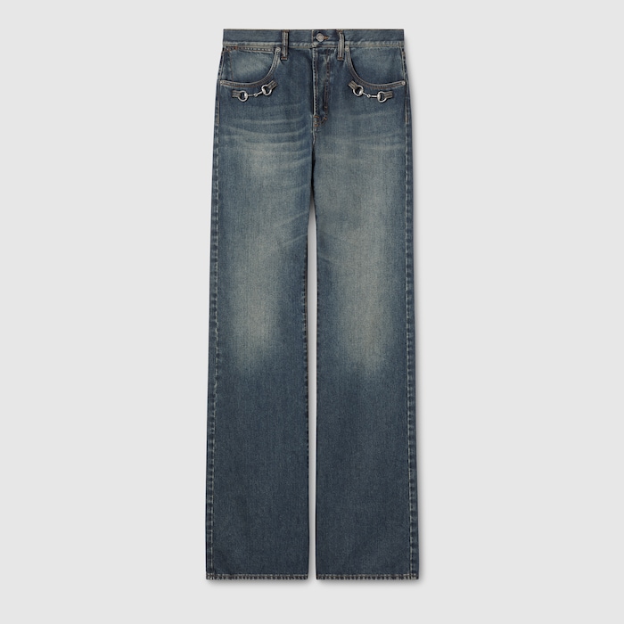 Cotton denim pants with Horsebit detail in blue | GUCCI® US