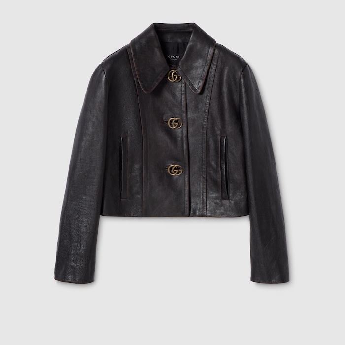 Leather with aged effect jacket in black | GUCCI® US