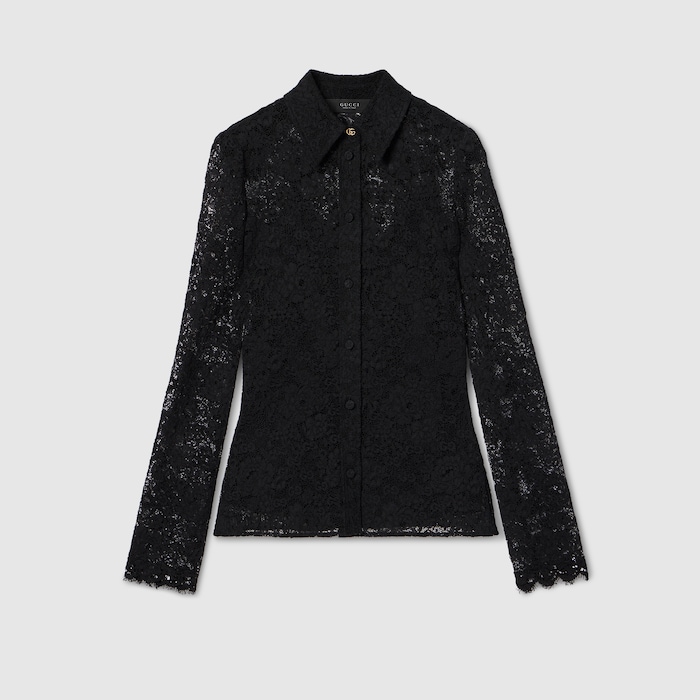トップス Gucci 46 NEW $1195 GUCCI Black SHEER LACE Button Front Long Sleeve