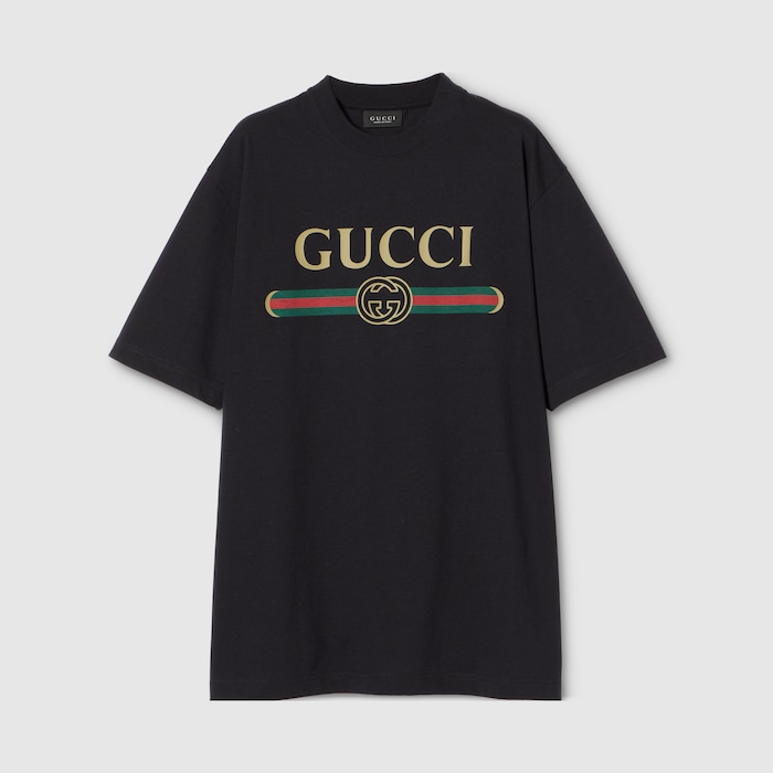 Cotton jersey and silk T-shirt with print in black | GUCCI® US