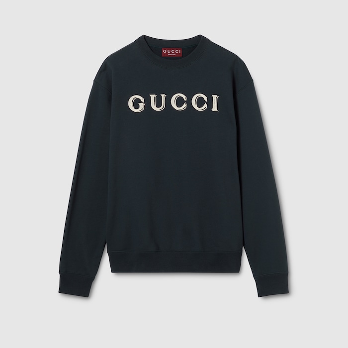Cotton jersey sweatshirt with embroidery in dark blue | GUCCI® US