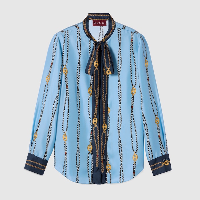 プリント入り シルクツイル シャツ ・ライトブルー | GUCCI公式