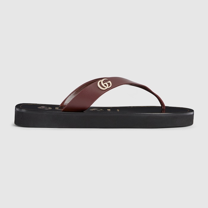 Women's thong sandal with Double G in brown and yellow leather