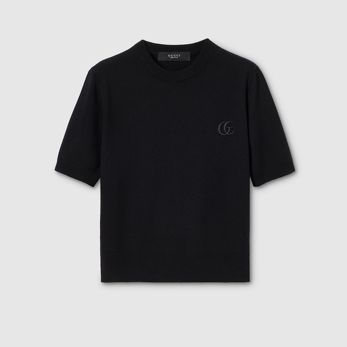 GUCCI（グッチ）半袖ニット　レーヨン　ブラック　S〜M Knit wool top with embroidery in black | GUCCI® US